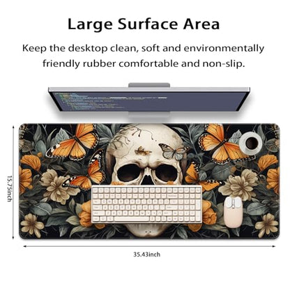 35.4 x 15.7 in, XXL Large Mouse Pad for Desk, Extended Keyboard Mouse Mat for Computer Office, Big Mouse pad with Stitched Edges, Gaming Pc-Skull Butterfly Flowers - color: Skull Butterfly Flowers