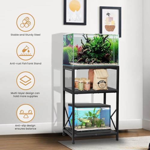 Fish Tank Stand, 10 Gallon Aquarium Stand, 3-Tier Metal Storage Shelf, 20.47"×11.42"×31.69" Heavy Duty Terrarium Stand for Home Office Fish Tank Shelf, Black - color: Rustic Black