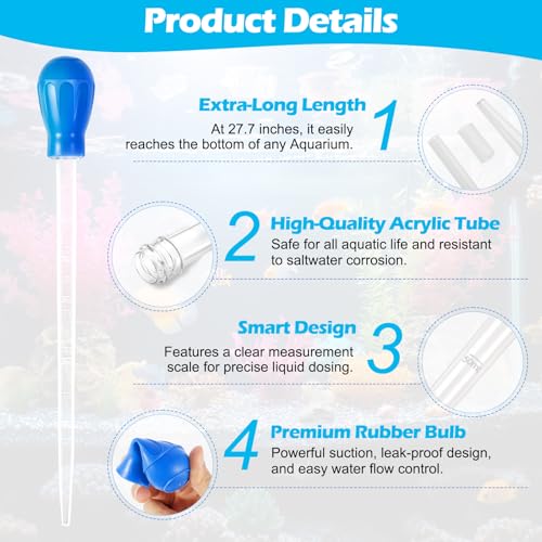 27.7in Extra Large Turkey Baster Long Pipette for Aquarium, Blue | 50ml Plastic Turkey Baster for Aquarium Vacuum, Siphon for Fish Tank Water Changer, Easy to Clean, Versatile