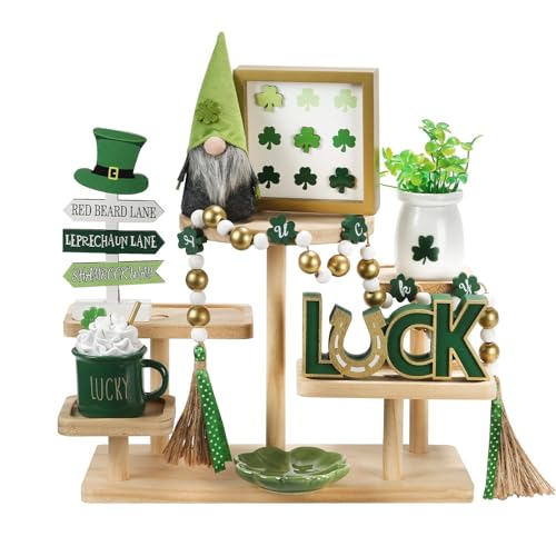 St Patrick's Day Decoration 8 PCS Tiered Tray Decor Set, Cute Tabletop Saint Patty's Day Décor for Home Indoor Shelf Mantel Office Coffee Bar Shamrock Sign Gnome Lucky Irish Tray Objects - color: St. Patrick