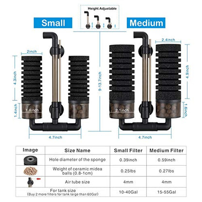 hygger Aquarium Double Sponge Filter, Comes with 2 Spare Sponges (S) - size: Filter S (10-40 gallon)