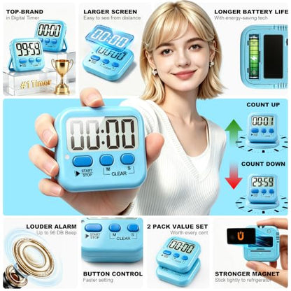 Antonki 2 Pack Digital Timer for Kids Classroom Kitchen Timers for Cooking - color: Clear Blue