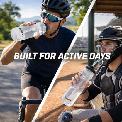 BuildLife Hockey Water Bottle with Long Straw, 32 OZ, 2 Pack, Clear - color: Clear