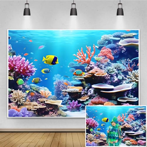 7x5ft Under Sea World Backdrop Colorful Marine Coral Fishes Underwater Creatures Photography Background Aquarium Photo Background Kids Children Summer Party Studio Portrait Photo Props - size: 7x5ft