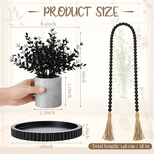 Novabright 3 Pcs Coffee Table Decoration Set Round Wooden Tray a Decorative Beaded Small Black Artificial Eucalyptus Planter for Farmhouses Home Decor