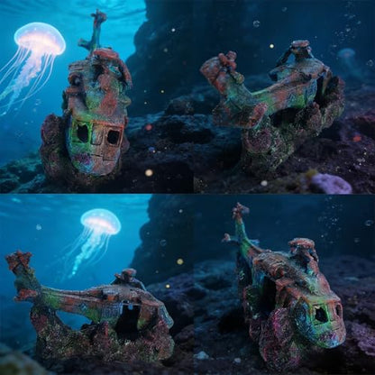 Aquarium Helicopter Ruins Ornament, Realistic Resin Stone Landscaping Decor, Safe Hiding Shelter for Fish Shrimp & Turtles, Ideal for Freshwater Saltwater Tank Aquascape