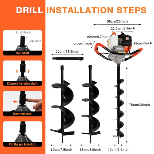 52Cc Auger Post Hole Digger,2-Stroke Petrol Gas Powered Earth Digger Earth Auger with 3 Digging Machine Drill Bits 4" 6" 8" and 3 Extension Rods for Tree Planting Holes,Fence Stakes,Greenhouse Stakes