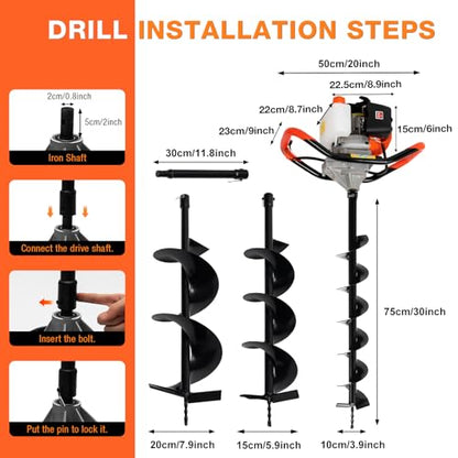 52Cc Auger Post Hole Digger,2-Stroke Petrol Gas Powered Earth Digger Earth Auger with 3 Digging Machine Drill Bits 4" 6" 8" and 3 Extension Rods for Tree Planting Holes,Fence Stakes,Greenhouse Stakes