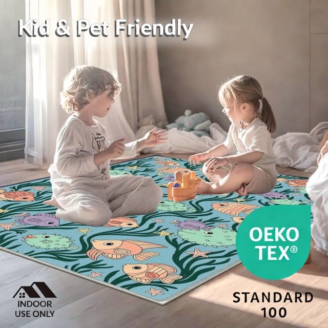 8'x10' Washable Kawaii Fish Large Rug, Green Non-Shedding Pet Friendly Carpet Foldable Easy Care Mat for King Size Bedroom, Master Suite, Under Bed | Ref:1886846 - color: Blue/Pattern 48, size: 8' x 10' (Rectangular)