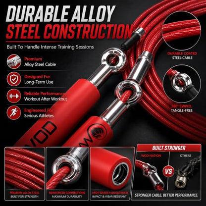 WOD Nation Adjustable Speed Jump Rope For Men, Women & Children - Blazing Fast Fitness Skipping Rope Perfect for Boxing, MMA, Endurance - color: Red