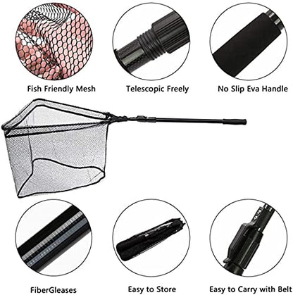 SAN LIKE Fishing Net Fish Landing Net Collapsible Fish Net with Anti-Slip Telescoping Rubber Pole Handle for Kids Adults in Saltwater Freshwater Multi-Size Extending to 37/42/43/51/69/71/89/98inch - color: Fiberglass pole,length 38.2" to 70.9"