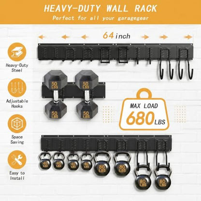 CBWLWJ 64 Inch Garage Tool Organizer Wall Mount, Heavy Duty Steel Storage Rack with 10 Adjustable Hooks, 680 lbs Capacity for Garage, Shed, Basement, Workshop,（Black） - size: 64inch+10Hooks+2strap