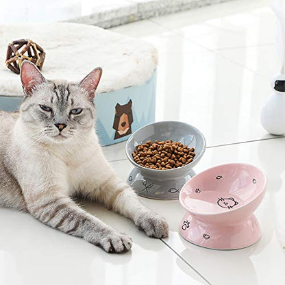 Sweejar Ceramic Raised Cat Bowls, Slanted Cat Dish Food or Water Bowls, Elevated Porcelain Pet Feeder Bowl Protect Cat's Spine, Stress Free, Backflow Prevention (Gray)