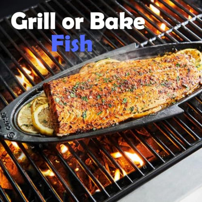 Outset Cast Iron Fish Grill and Serving Pan, 18.9 x 7.28 x 0.98 inch BBQ and Oven Safe Fish Cooking Pan - color: Black, size: 18.9 x 7.28 x 0.98 inches