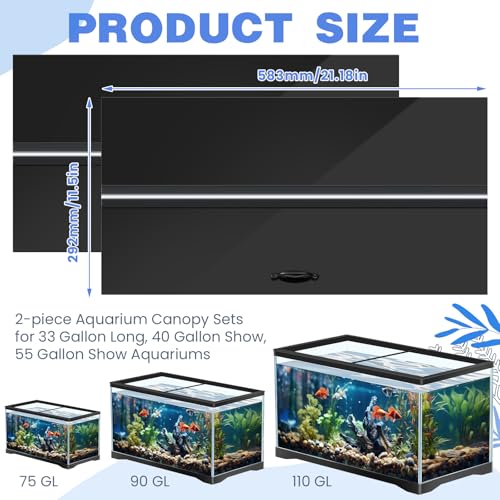 Sieral Aquarium Lids Polycarbonate Canopy with LED Light 2 Pcs Set 22.95 x 11.5 x 0.12 Inch for 33/40/55 Gallon with Center Brace Aquariums Cover Fish Tank Lid with a Hook Knife, Black