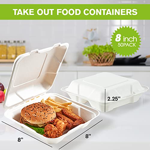 50 Pack Clamshell Take Out Food Containers, 100% Compostable Disposable To Go Containers, 8X8 inch Heavy-Duty To Go Boxes for Food - color: 8*8 in, 1-Compartment,50Pack