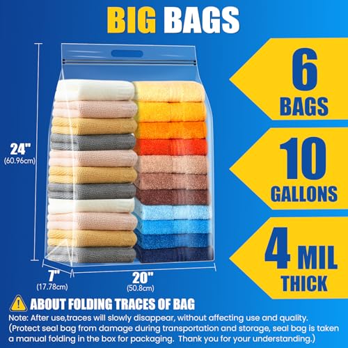 6Pack Extra Large Plastic Storage Bags 10 Gallons 24"x20"x7" Zero BPA Double Zipper Seal 4 Mils Thick Double Layer Carry Handle Resealable Moving Seasonal Travel Clothes - size: 6Pack (10Gallons)