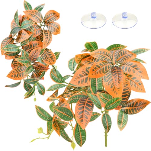2 Pack Reptile Plants, Artificial Hanging Plants with Suction Cups, Habitat Decor Plastic Vines Decorations for Bearded Dragons Lizards Snake Geckos Frogs -Gold - color: Gold