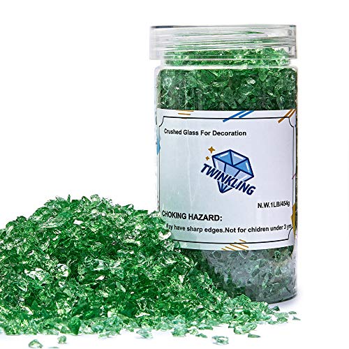 TWINKLING High Luster Fire Glass Gravel Stone Glitter,Broken Glass,Fire Gems Chips,Crushed Glass for Fire Pit Crafts Resin Art Aquarium Garden Decoration,3-6mm,1-Pound Jar (Light Green) - color: Light Green