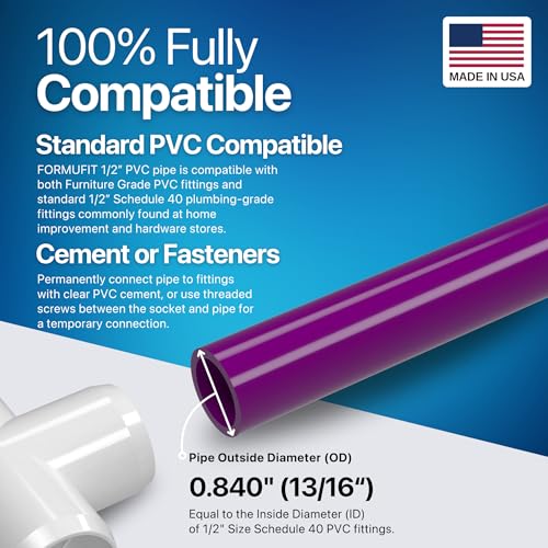 PVC Pipe, 1/2" Size, (0.840" Actual OD) Sch 40 Furniture Grade, Purple (40"L x 3-Pack) DIY Structural for Greenhouse, Garden, Dog Agility and Maker Projects - P012FGP-PU-40x3