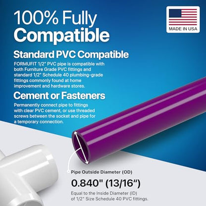 PVC Pipe, 1/2" Size, (0.840" Actual OD) Sch 40 Furniture Grade, Purple (40"L x 3-Pack) DIY Structural for Greenhouse, Garden, Dog Agility and Maker Projects - P012FGP-PU-40x3