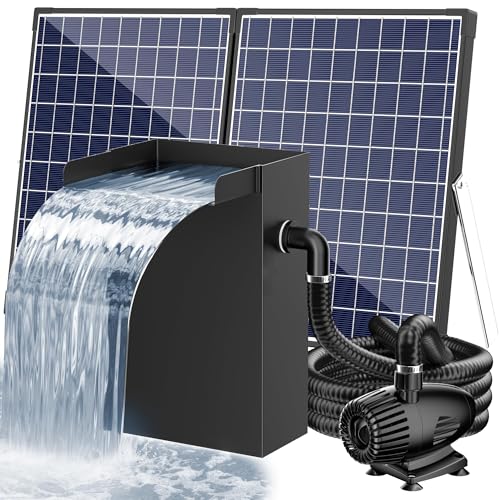 55W Solar Pond Waterfall Box with Fountain Pump, 304 Stainless Steel Pond Waterfall Spillway, Pond Spillway with 9.8FT PU Corrugated Tubing for Garden Waterfall,Water Features-P5552H