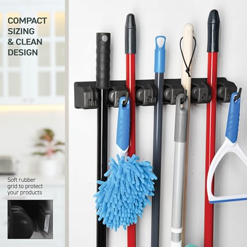 2 Pack Mop and Broom Holder Wall Mount Hanger, Heavy Duty, 5 Slots 4 Hooks - color: Black, size: 2 Pack 5-position, 6-Hooks