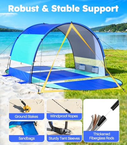 Beach Tent with Double Zippered Doors, Beach Tent Sun Shelter with UPF50+ UV Protection, Beach Canopy Portable Storage Bag for Beach Camping Fishing, for 3-4 People - size: 3-4 Person