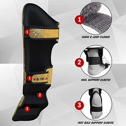 Mytra Fusion Shin Guards MMA, Muay Thai Shin Guards – Shin Instep Protection for Kickboxing, Training, BJJ, Sparring, Boxing Gear and Martial Arts - color: Gold, size: Small