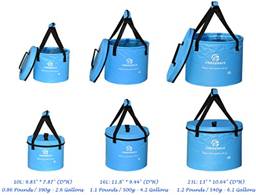 Freegrace Collapsible Bucket with Mesh Tool Pocket - 10L, 16L & 23L Portable Folding Water Container - Heavy Duty 500D Tarpaulin, BPA-Free Wash Basin for Camping, Fishing, RV, and Car Washing