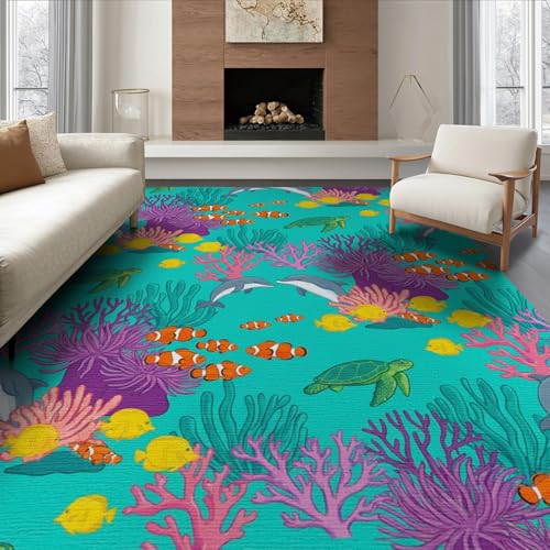 6'x9' Washable Contemporary Fish Area Rug, Orange Foldable Non-Slip Large Carpet Foldable Easy Care Carpet for Queen Size Bedroom, Under Bed, Master Bedroom | Ref:1942919 - color: Blue/Pattern 48, size: 6' x 9' (Rectangular)