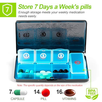Pill Organizer with 3 Compartments 7 Day Metal Pill Box for Fish Oil/Food Supplements Travel Pill Box. (Rectangle-Black, Large Rectangle) - color: Rectangle-black