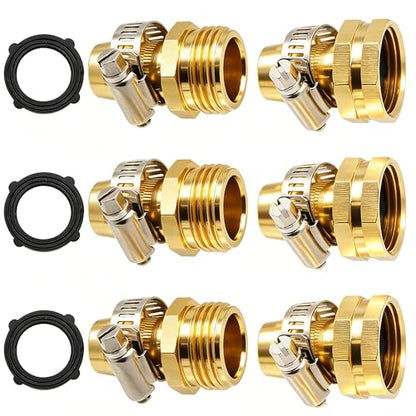 Garden Hose Repair Connector with Clamps, Set of 3 Aluminum Water Hose End Replacement Fit for 3/4" and 5/8" Garden Hose Fittings - color: 3 Sets - Brass