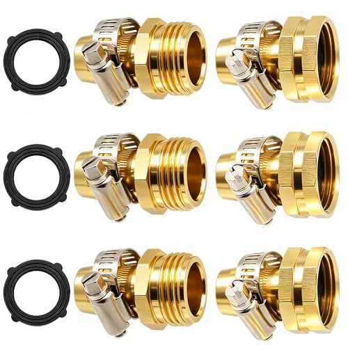 Garden Hose Repair Connector with Clamps, Set of 3 Aluminum Water Hose End Replacement Fit for 3/4" and 5/8" Garden Hose Fittings - color: 3 Sets - Brass