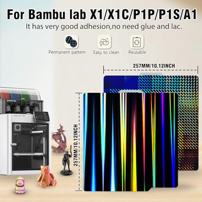 JUUPINE 3D Printer H1H Build Plate for Bambu Lab P2S/X2D/A1/X1C/X1/X1E/P1P/P1S Holographic Carbon Plate 257x257mm Smooth Textured PEI Spring Steel Plate Removable Platform (Light Beam +Phantom)