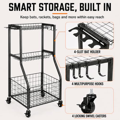 YueTong Rolling Sports Equipment Organizer with Locking Wheels and Ball Rack - color: Black – Locking Wheels