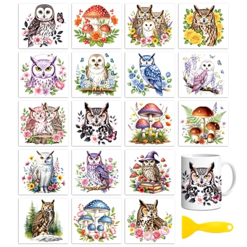 Peacoblue 18 Sheets Rub on Transfers for Crafts, Owl Flowe and Mushroom 3.6"x3.9" UV DTF Cup Wraps Waterproof Rub on Cold Transfers Stickers for Wood Glass Metal Cup Tumblers Mirrors Mugs Home Decor - style: Owl Flowe and Mushroom