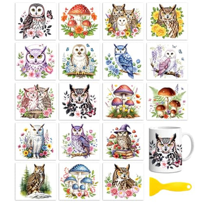 Peacoblue 18 Sheets Rub on Transfers for Crafts, Owl Flowe and Mushroom 3.6"x3.9" UV DTF Cup Wraps Waterproof Rub on Cold Transfers Stickers for Wood Glass Metal Cup Tumblers Mirrors Mugs Home Decor - style: Owl Flowe and Mushroom