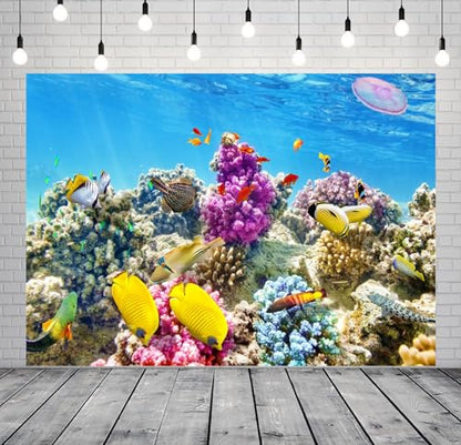 BELECO 20x10ft Fabric Underwater World Backdrop Undersea Tropical Fish Coral Reef Blue Deep Sea Aquarium Background Under The Sea Party Decorations Baby Shower Birthday Shoot Photo Props - size: 20x10FT