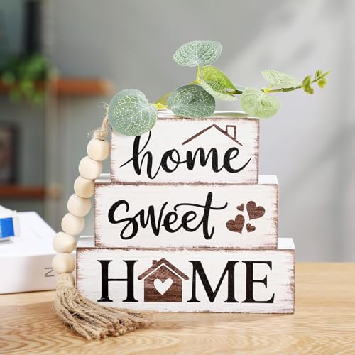 5 Pcs Farmhouse Wooden Table Decor Rustic Tiered Tray Decor Neutral Block Sign Centerpiece with Bead Garland Faux Eucalyptus Leaves for Home Sweet Kitchen Entryway Living Room Shelves