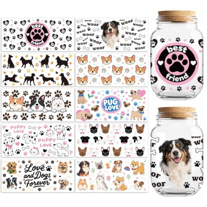 UV DTF Cup Wraps Transfer Stickers Dogs Pattern, 10 Sheets Waterproof Custom Vinyl Transfer Sticker 16oz Coffee Glass Cup Tumbler Bottle Mug Decals for Men Women - style: Dogs