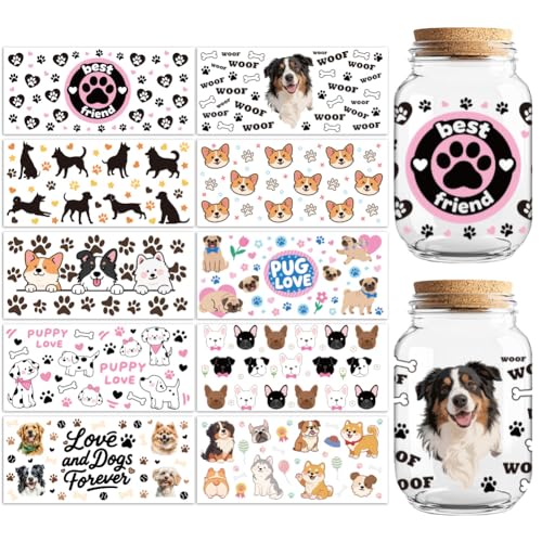 UV DTF Cup Wraps Transfer Stickers Dogs Pattern, 10 Sheets Waterproof Custom Vinyl Transfer Sticker 16oz Coffee Glass Cup Tumbler Bottle Mug Decals for Men Women - style: Dogs