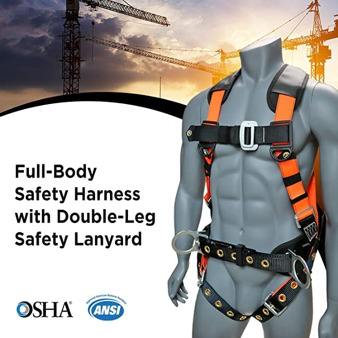 AFP Demon Comfortable Fall Protection Harness Kit – OSHA/ANSI PPE Full Body Safety Harness for Construction Work - size: Large-Extra Large, style: Harness + Single Leg Snap Hook