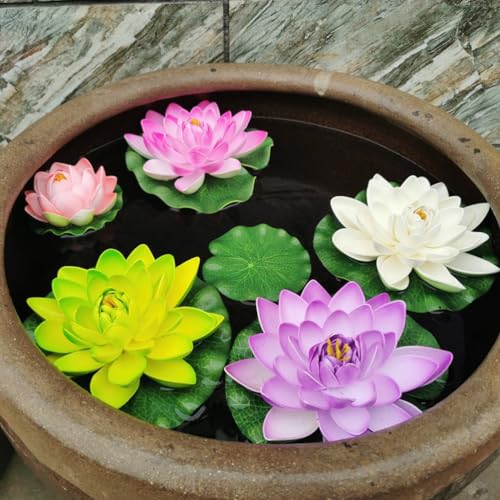 14pcs 11in & 6in Artificial Flowers Floating Foam Lotus Flower with Fake Lily Pads, Artificial Lily Pads for Pond for Pool Garden Fish Pond Aquarium Pool Wedding Decor