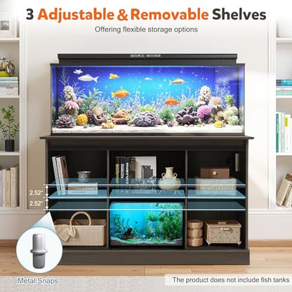 55-75 Gallon Large Fish Tank Stand with Power Outlet, Heavy Duty Aquarium Stand with Sliding Barn Doors, Turtle Reptile Terrarium Stand with Cabinet for Accessories Storage, 1300LBS (Gray)