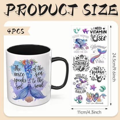 UV DTF Cup Wraps, 4 Sheets Mermaid Quotes Transfer Stickers for 16oz Glass, Rub On Decals for Tumblers and Candlestick