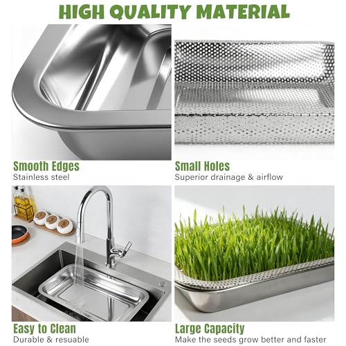 2 Pack Stainless Steel Seed Sprouter Trays, 2-Tier Soil-Free Microgreens Growing Kit, Rust-Free Sprouting Tray with Mesh Pads for Sprouts Beans Alfalfa Wheatgrass (10.6" x 7.9" x 1.9")