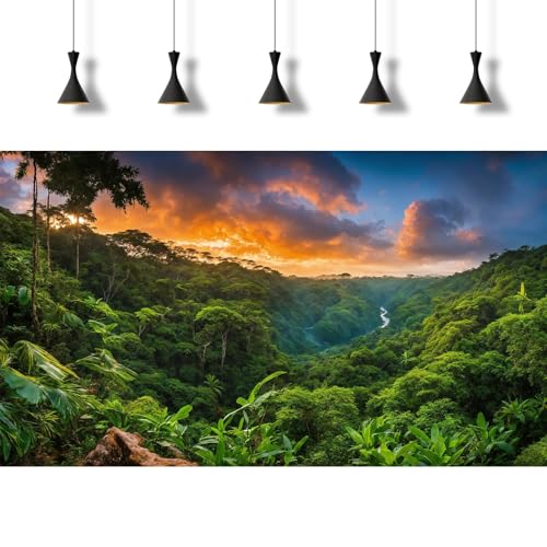 Sunset Mountain Valley Aquarium Background Tropical Jungle Rainforest Waterfall Fish Tank Background Lush Green Jungle Forest Trees Natural Landscape Reptile Tank Backgrounds Wallpaper 48x18in - size: 48(W)x18(H)inches/ 120(W)*45cm(H)
