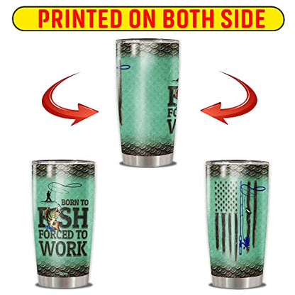 WAZONE Fishing Insulated Tumbler Cup 20oz American Flag Vacuum Travel Mug Stainless Steel Born To Fish Forced To Work Funny Gifts Birthday Presents Christmas for Dad Men Fisherman