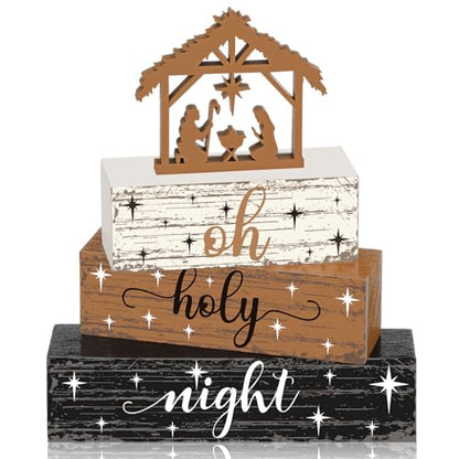 4 Pieces Christmas Nativity Scene Table Decorations Xmas Wooden Silent Night Block Signs Holy Night Tabletop Centerpieces Farmhouse Tiered Tray Decor for Home Table Kitchen Shelf - style: Jesus